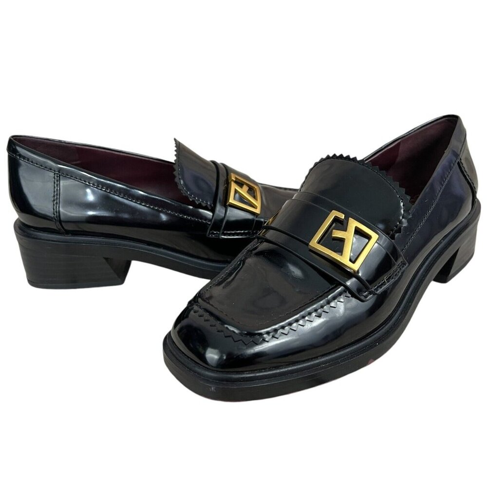 Franco Sarto Gloria Loafer 6.5M Black Faux Patent Leather Square Toe Preppy